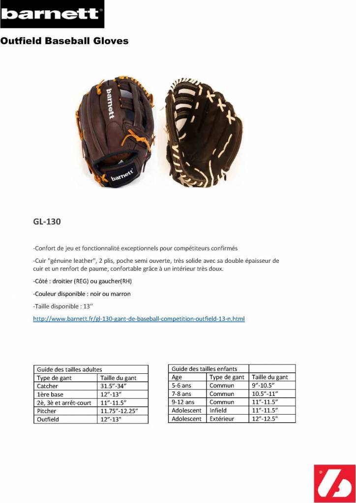 GL-130 gant de baseball, compétition, outfield 13" Marron