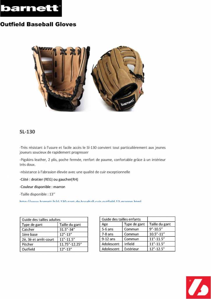 SL-130 Gant de baseball Cuir Outfield, 13" Marron