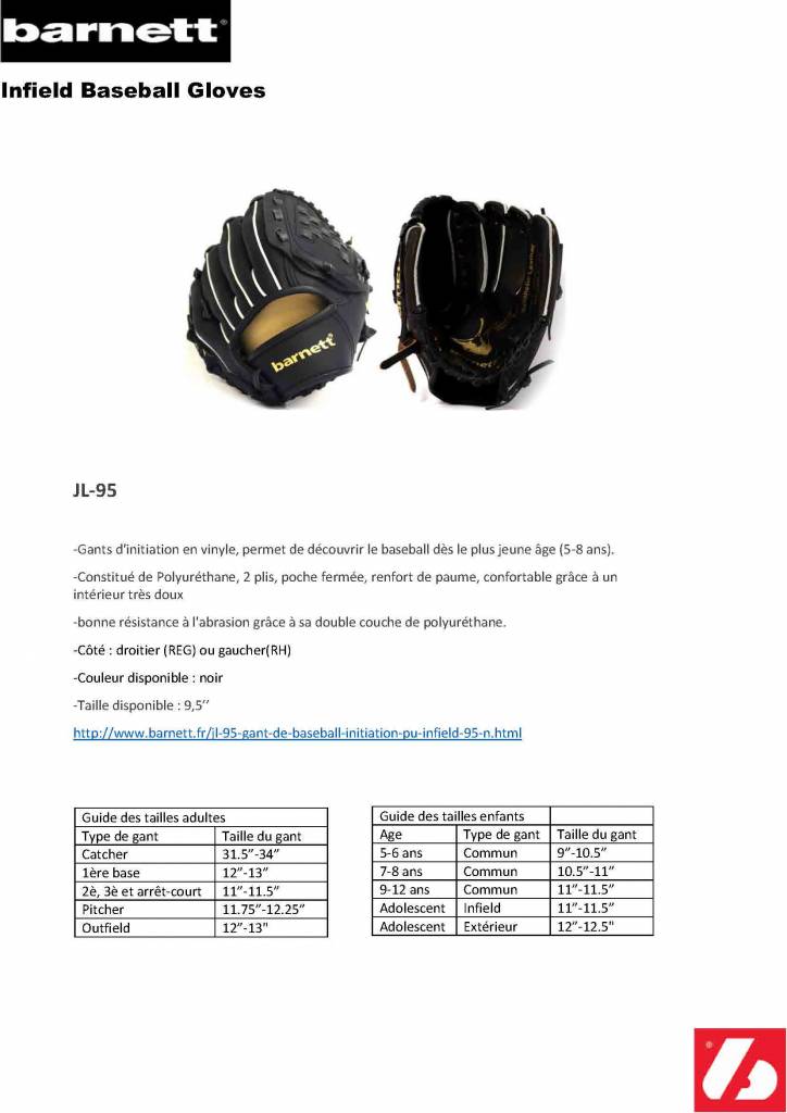 JL-95 GANT DE BASEBALL INITIATION PU INFIELD 9.5" NOIR