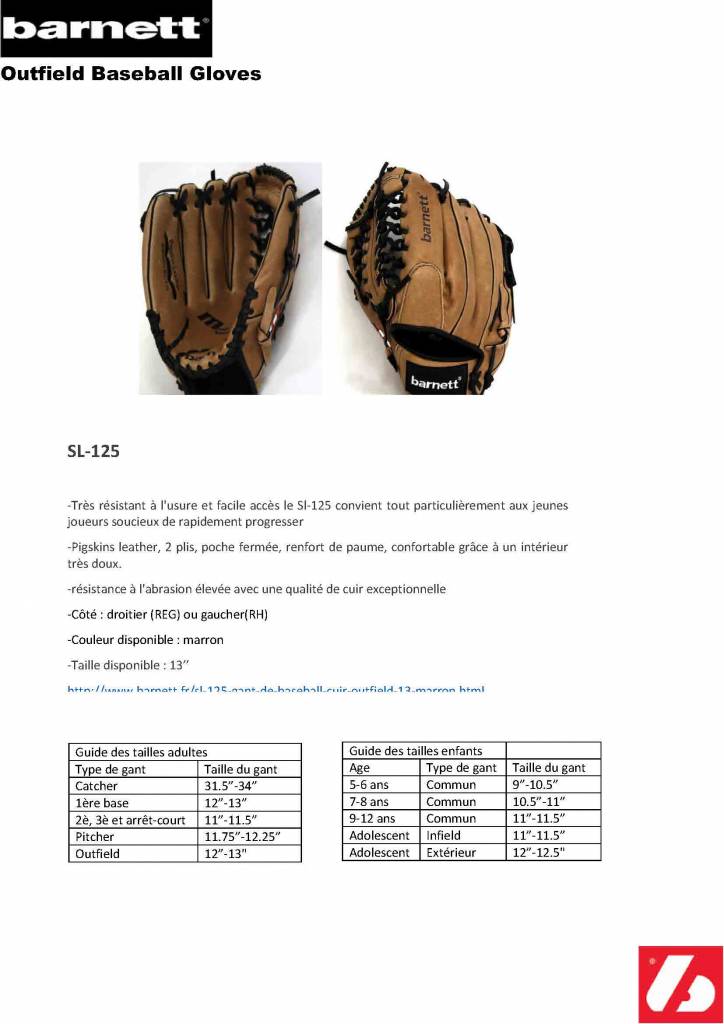SL-125 gant de baseball Cuir Outfield, 12.5" Marron