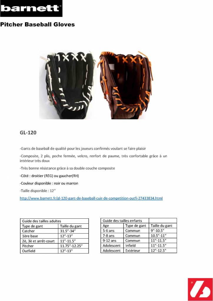 GL-120 gant de baseball cuir de compétition outfield 12" Marron