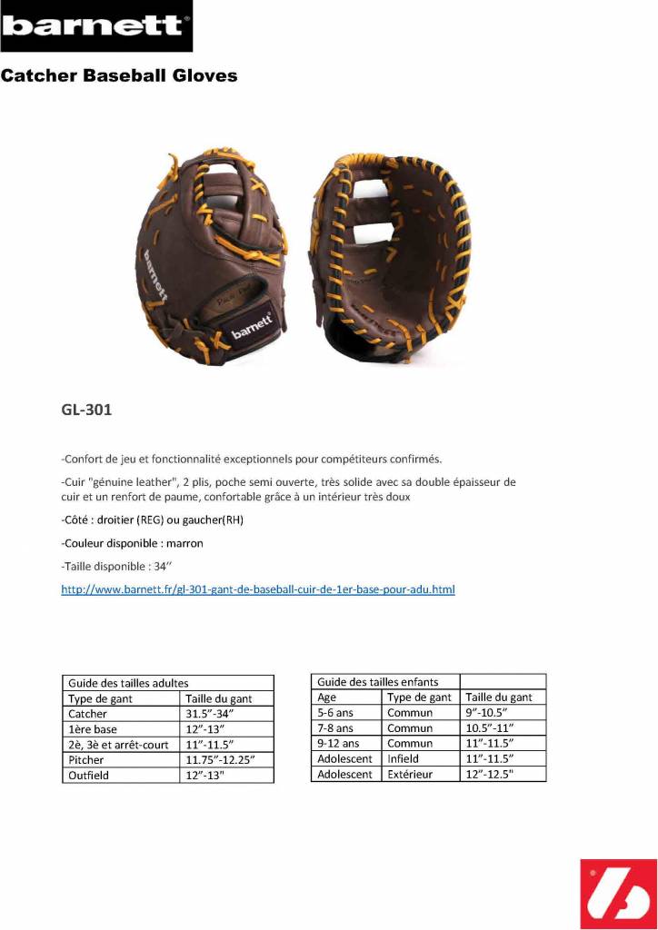 GL-301 gant de baseball cuir de 1er base pour adulte, Marron