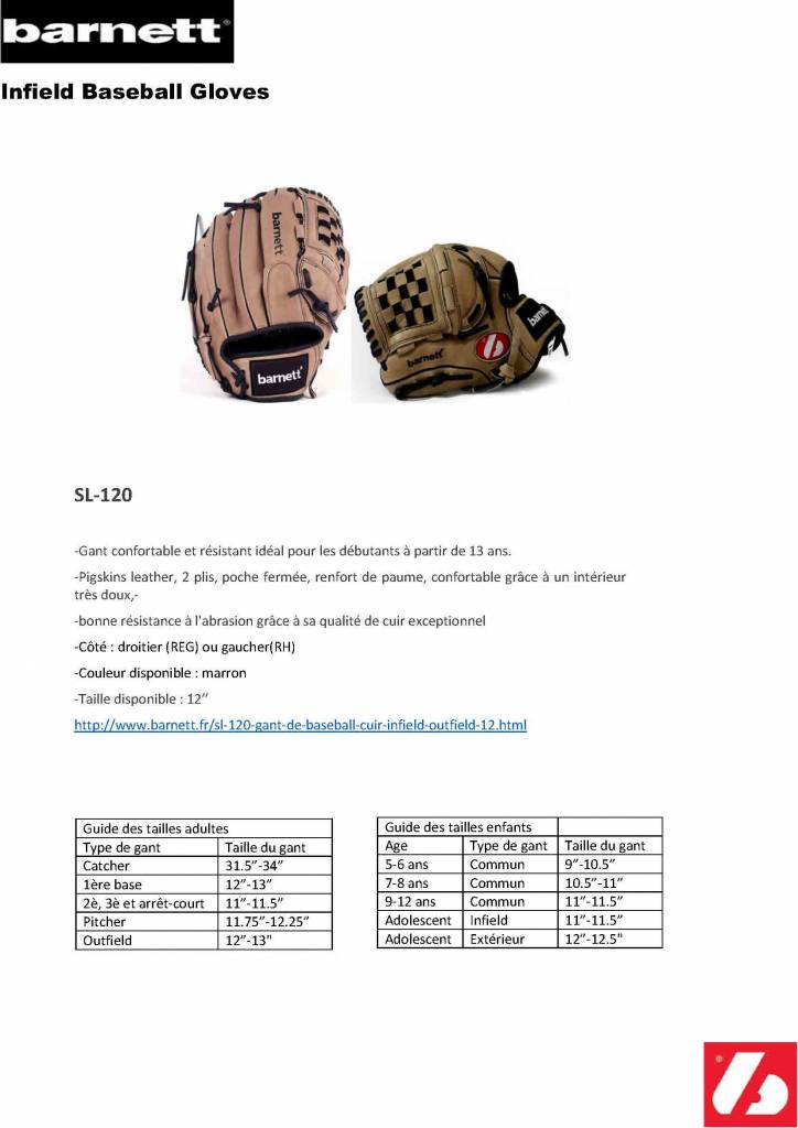 SL-120 gant de baseball cuir infield/outfield 12" Marron