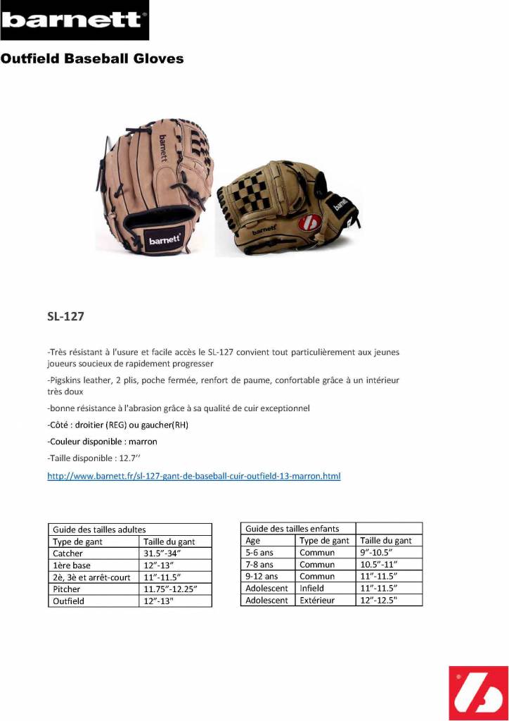 SL-127 gant de baseball Cuir Outfield, 12.7" Marron